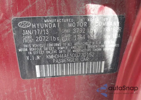 2013 Hyundai Elantra Gls from USA, damaged, VIN KMHDH4AE5DU770152